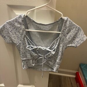Aeropostale Blue Floral Lace-Up Blouse